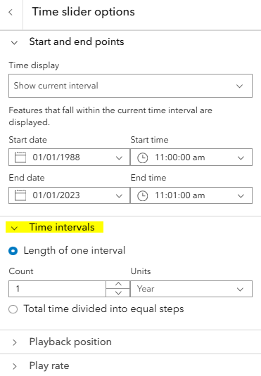 Esri time slider options panel.